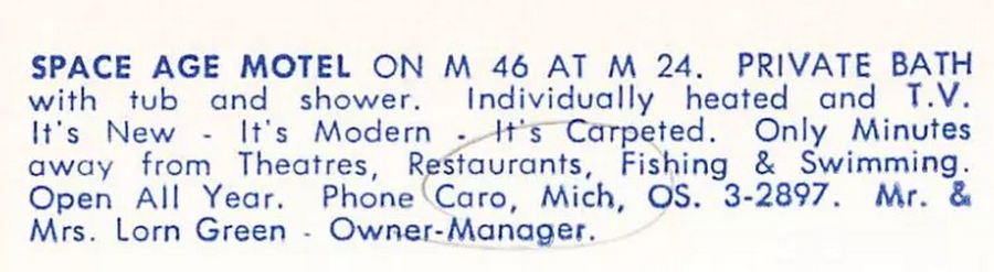 Greens Standard Service and Space Age Motel (M-46 Motel) - Vintage Postcard (newer photo)